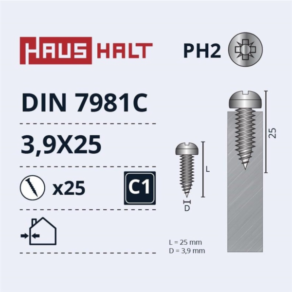 Samořezné šrouby Haushalt, DIN7981C, 3,9 x 25 mm, 25 ks.
