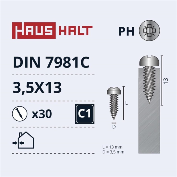 Samořezné šrouby Haushalt, DIN7981C, 3,5 x 13 mm, 30 ks.