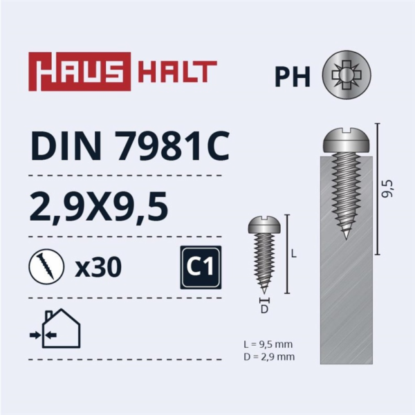 Samořezné šrouby Haushalt, DIN7981C, 2,9 x 9,5 mm, 30 ks.