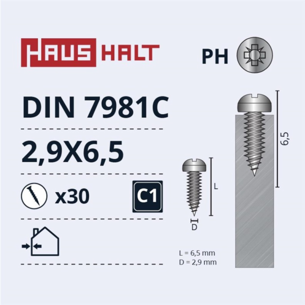 Samořezné šrouby Haushalt, DIN7981C, 2,9 x 6,5 mm, 30 ks.