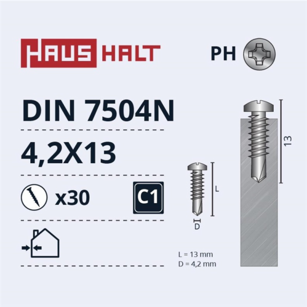 Samořezné šrouby Haushalt, DIN 7504N, 4,2 x 13 mm, 30 ks.