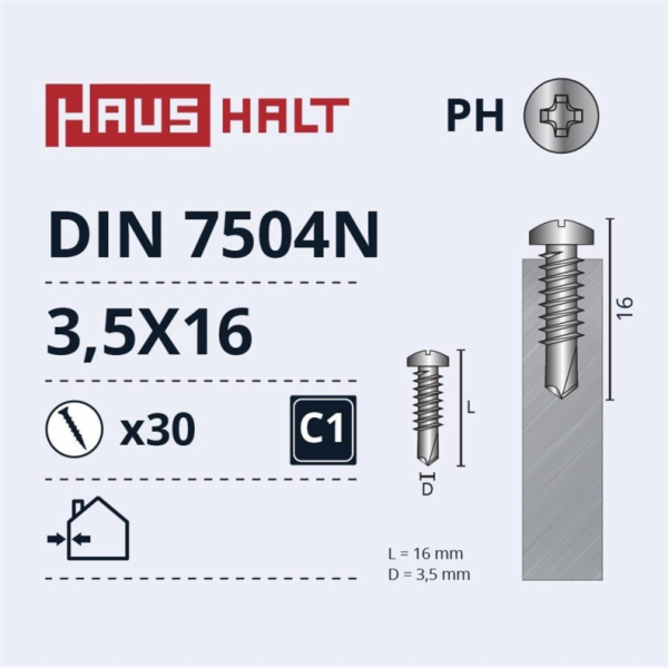 Samořezné šrouby Haushalt, DIN 7504N, 3,5 x 16 mm, 30 ks.