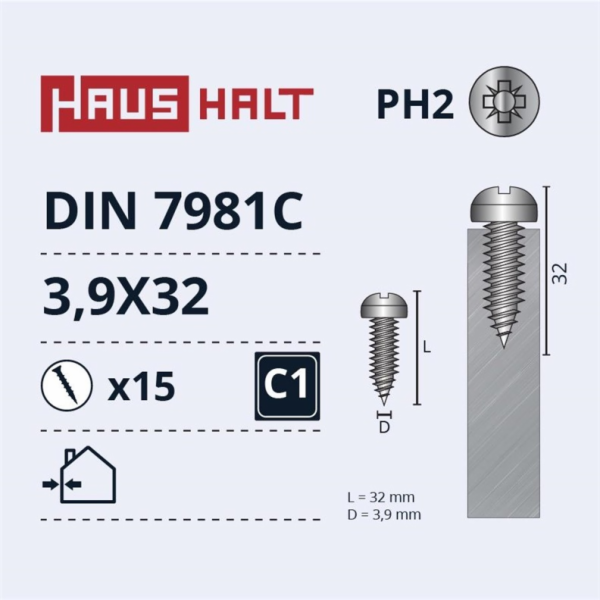 Samořezné šrouby Haushalt, DIN 7981C, 3,9 x 32 mm, 15 ks.