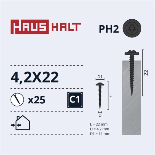 Samořezné šrouby Haushalt, DIN 14566, 4,2 x 22 mm, 25 ks.