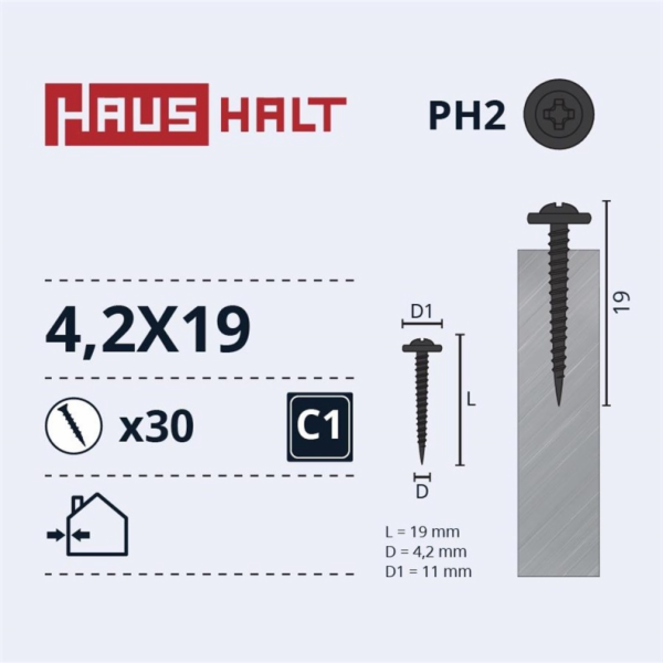 Samořezné šrouby Haushalt, DIN 14566, 4,2 x 19 mm, 30 ks.