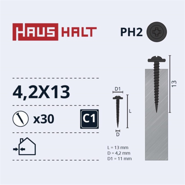 Samořezné šrouby Haushalt, DIN 14566, 4,2 x 13 mm, 30 ks.