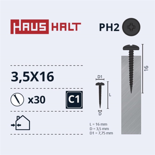 Samořezné šrouby Haushalt, DIN 7981C, 3,5 x 16 mm, 30 ks.