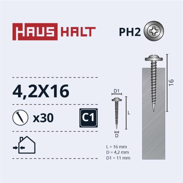 Samořezné šrouby Haushalt, DIN 14566, 4,2 x 16 mm, 30 ks.