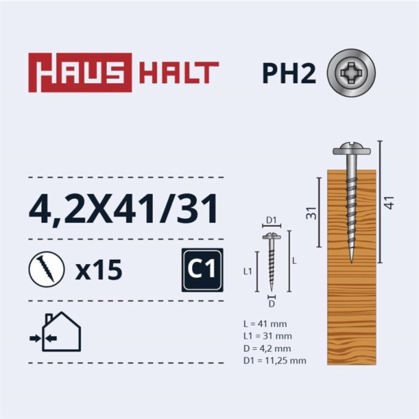 Samořezné šrouby Haushalt, DIN 14566, 4,2 x 41/31 mm, 15 ks.