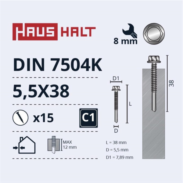 Samořezné šrouby Haushalt, DIN 7504K, 5,5 x 38 mm, 15 ks.