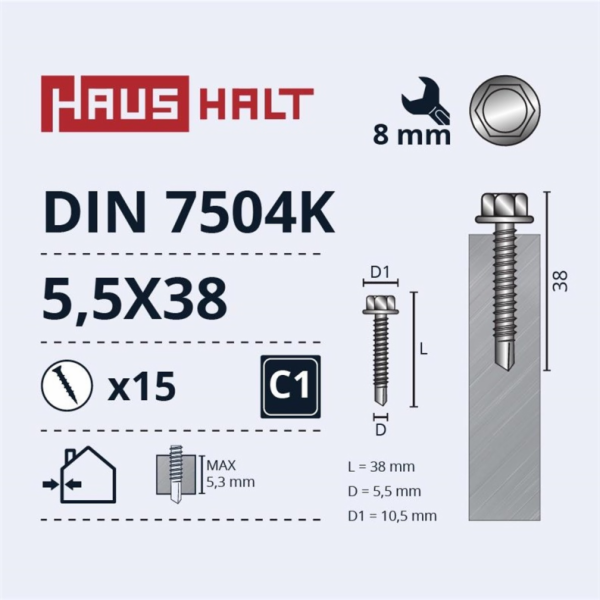 Samořezné šrouby Haushalt, DIN 7504K, 5,5 x 38 mm, 15 ks.