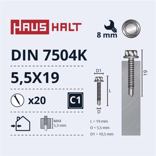 Samořezné šrouby Haushalt, DIN 7504K, 5,5 x 19 mm, 20 ks.