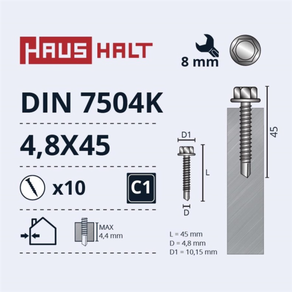 Samořezné šrouby Haushalt, DIN 7504K, 4,8 x 45 mm, 10 ks.