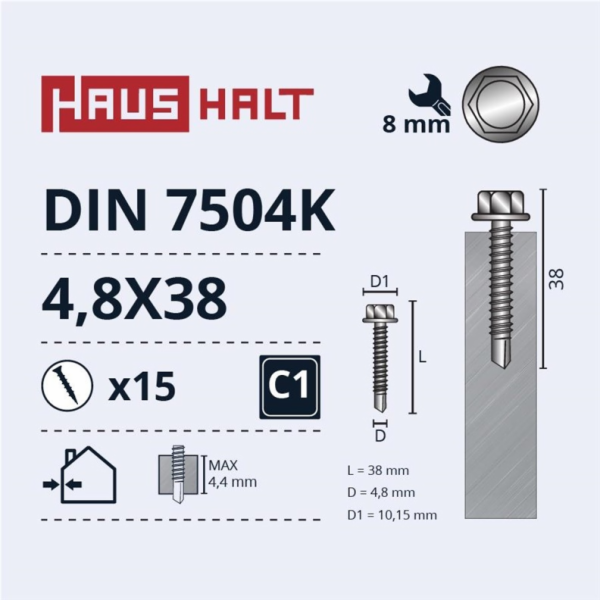 Samořezné šrouby Haushalt, DIN 7504K, 4,8 x 38 mm, 15 ks.