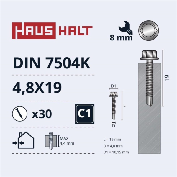 Samořezné šrouby Haushalt, DIN 7504K, 4,8 x 19 mm, 30 ks.