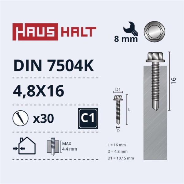 Samořezné šrouby Haushalt, DIN 7504K, 4,8 x 16 mm, 30 ks.