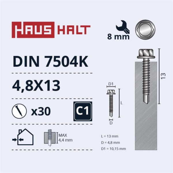 Samořezné šrouby Haushalt, DIN 7504K, 4,8 x 13 mm, 30 ks.