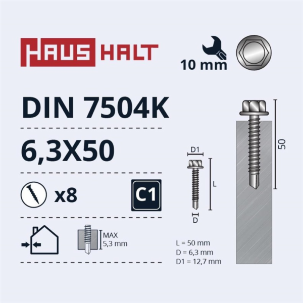 Samořezné šrouby Haushalt, DIN 7504K, 6,3 x 50 mm, 8 ks.