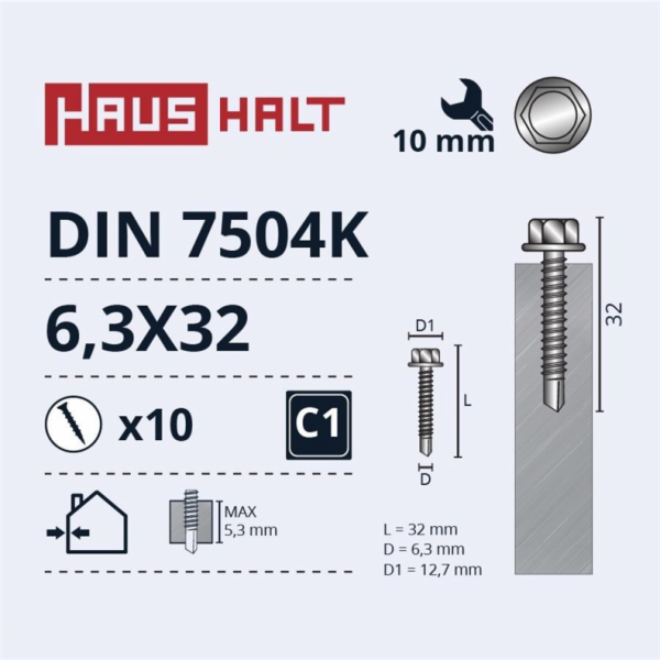 Samořezné šrouby Haushalt, DIN 7504K, 6,3 x 32 mm, 10 ks.