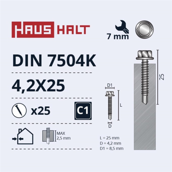 Samořezné šrouby Haushalt, DIN 7504K, 4,2 x 25 mm, 25 ks.