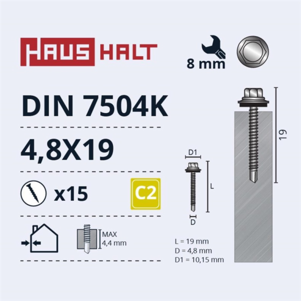 Samořezné šrouby Haushalt, DIN 7504K, 4,8 x 19 mm, 15 ks.