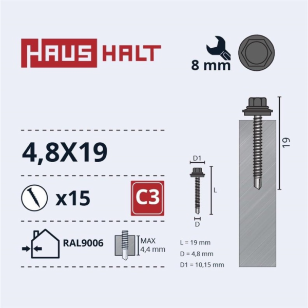 Samořezné šrouby Haushalt, DIN 7504K, 4,8 x 19 mm, 15 ks.