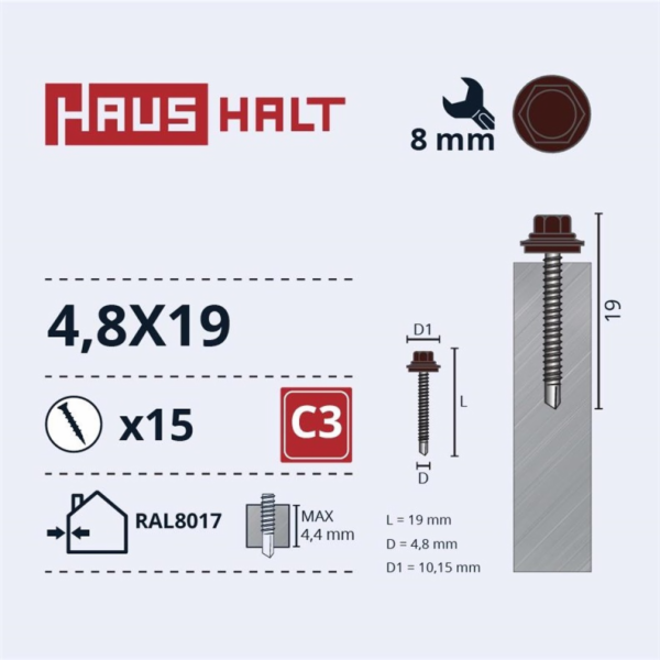 Samořezné šrouby Haushalt, DIN 7504K, 4,8 x 19 mm, 15 ks.