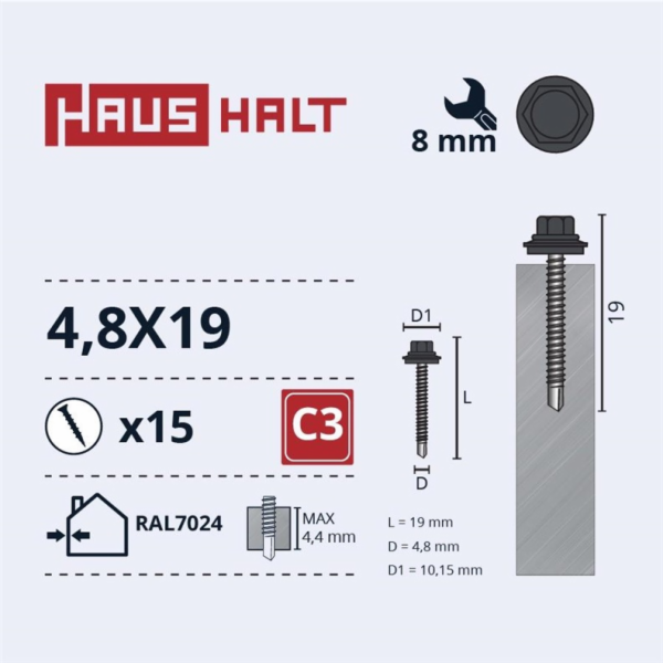 Samořezné šrouby Haushalt, DIN 7504K, 4,8 x 19 mm, 15 ks.