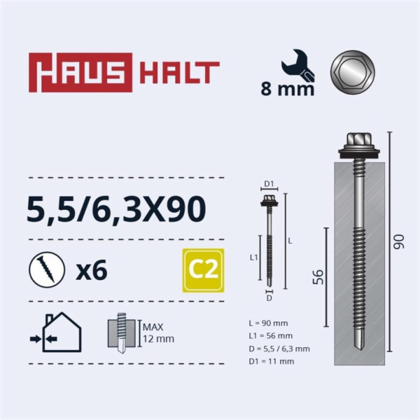 Samořezné šrouby Haushalt, DIN 7504K, 5,5/6,3 x 90 mm, 6 ks.