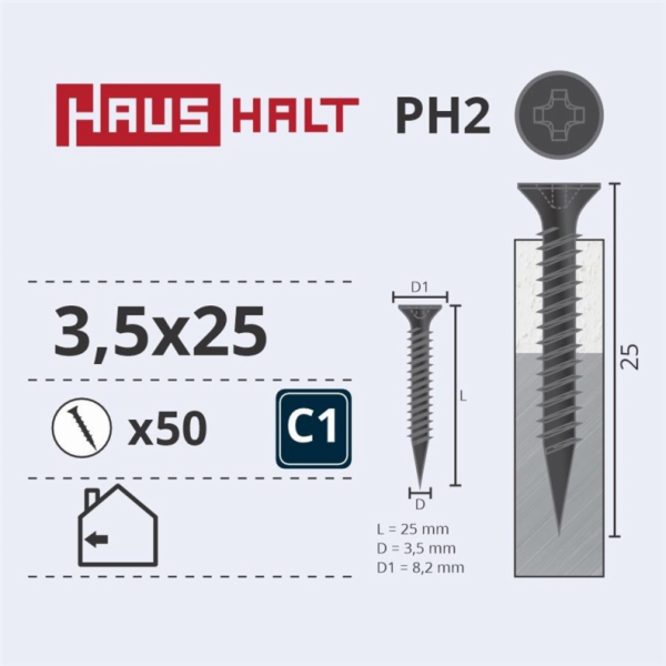 Vruty do dřeva Haushalt, 3,5 x 25, PH2, 50 ks.