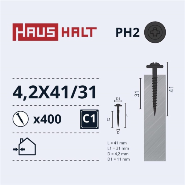 Samořezné šrouby Haushalt, DIN 14566, 4,2 x 41 mm, 400 ks.