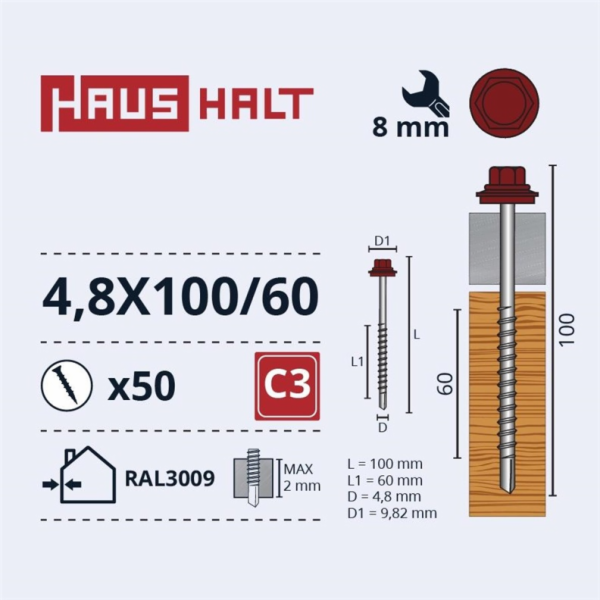 Samořezné šrouby Haushalt, DIN 7504K, 4,8 x 100/60 mm, 50...