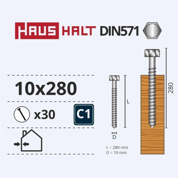 Vruty do dřeva Haushalt, DIN571, 10,0 x 280 mm, ZN, 30 ks.