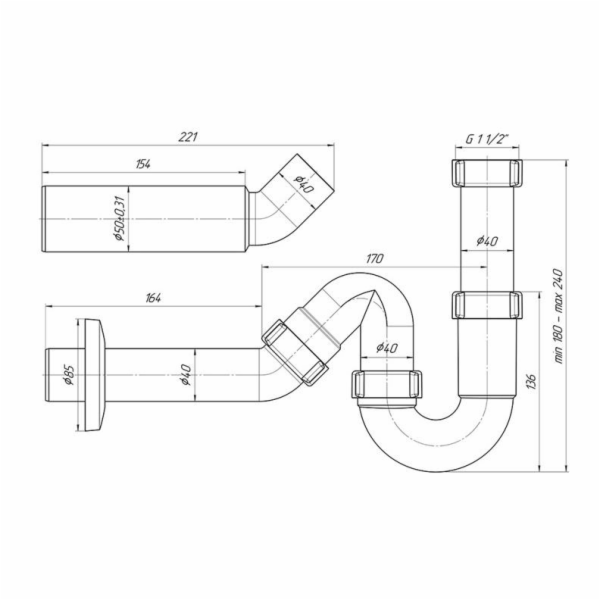 Sifon Aniplast DY0136EU, 1 1/2 x 40, bez ventilu