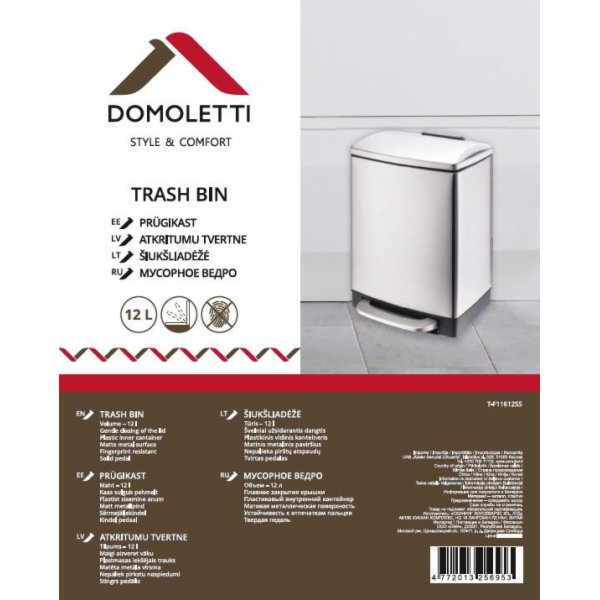 Čtvercový odpadkový koš s pedálem DOMOLETTI, 12 l, mat. sid.