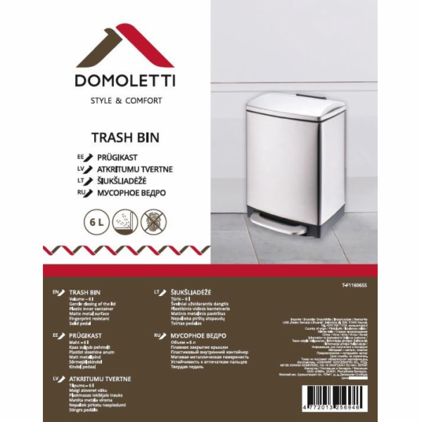 Čtvercová popelnice s pedálem DOMOLETTI, 6 l, mat. sid.