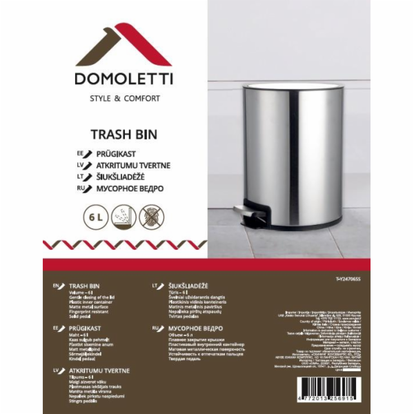Kruhový odpadkový koš s pedálem DOMOLETTI, 6 l, mat. stří...
