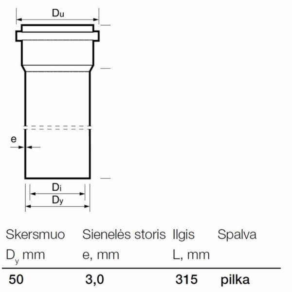 Vnitřní kanalizační PVC trubka Wavin, O 50 mm, 0,315 m