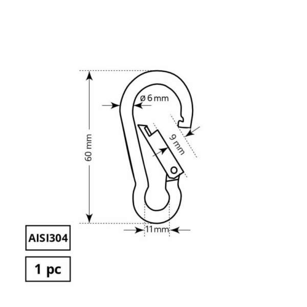 Zapínací karabina Haushalt, AISI304, 1DD, 6 x 60 mm