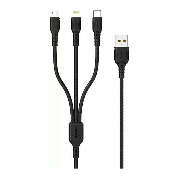Denmen USB-A - USB-C + microUSB + Lightning kabel 1 m čer...