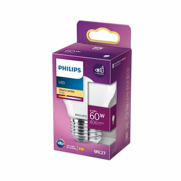 LED žárovka PHILIPS, P45, E27, 6,5 W, 806 lm, 2700 K