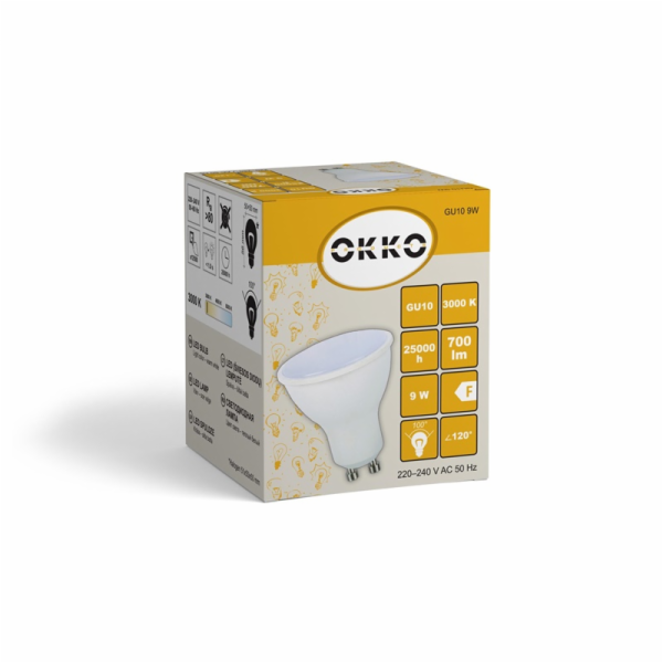 Žárovka LED OKKO, GU10, 120°, 9W, 3000K, 700lm, plast