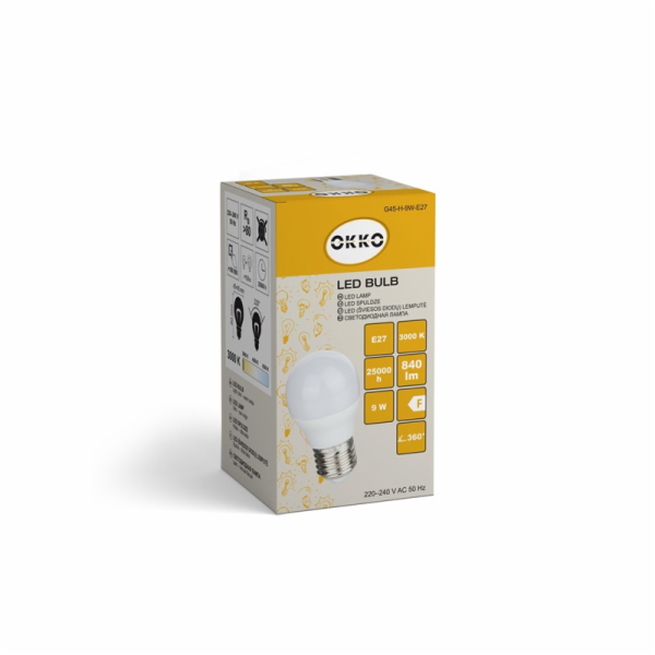 LED žárovka OKKO, G45, E27, 9 W, 840 lm, 3000 K
