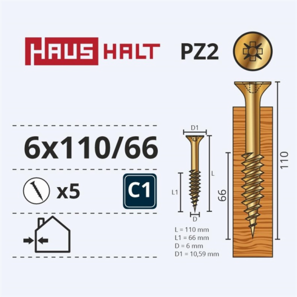 Vruty do dřeva Haushalt, 6 x 110/66 mm, ZN, PZ3, 5 ks.