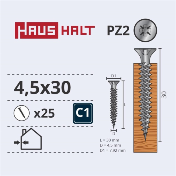 Vruty do dřeva Haushalt, 4,5 x 30 mm, ZN, PZ2, 25 ks.