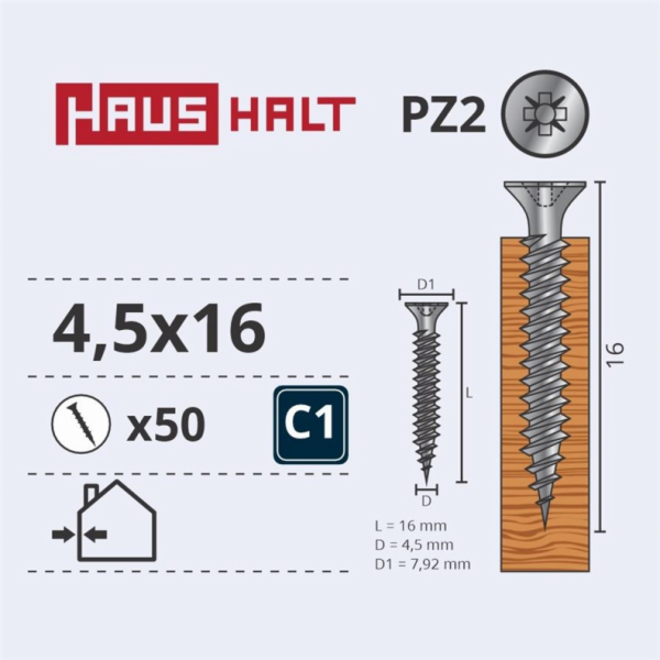Vruty do dřeva Haushalt, 4,5 x 16 mm, ZN, PZ2, 50 ks.