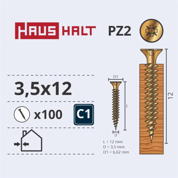 Vruty do dřeva Haushalt, 3,5 x 12 mm, ZN, PZ2, 100 ks.