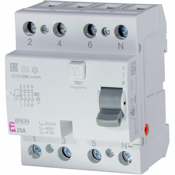 Relé odvodu proudu EFI6-P4 (25 A, 6 kA, 30 mA AC, 4P)