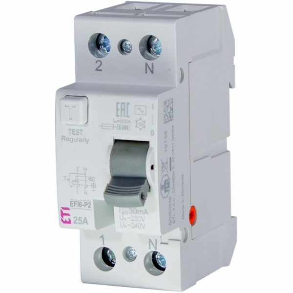 Relé odvodu proudu EFI6-P2 (40 A, 6 kA, 30 mA AC, 2P)