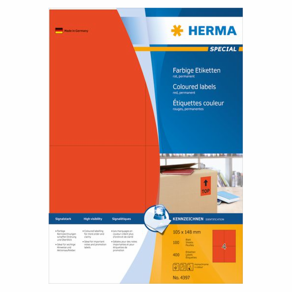 Herma Color etikety A4, matný červený papír, 400 ks (4397)